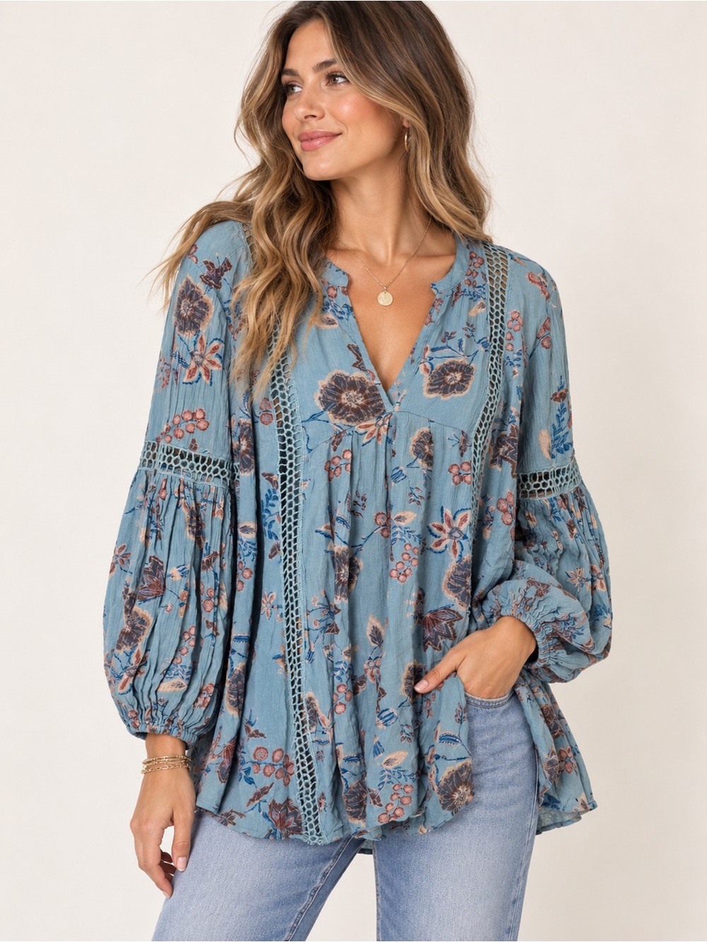 Free People Floral Crochet Lace Mini Dress Tunic Blue Boho S